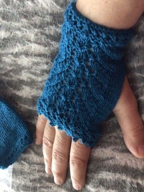 Hand-Knit Lace Fingerless Gloves in Teal Blue